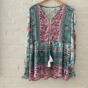 Womens Boho Flowy Tunic Top Colorful Floral Print Size XL